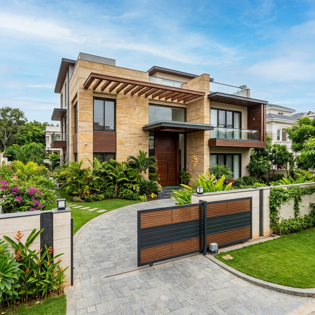 Modern villa in Hyderabad with automated gate and smart lighting