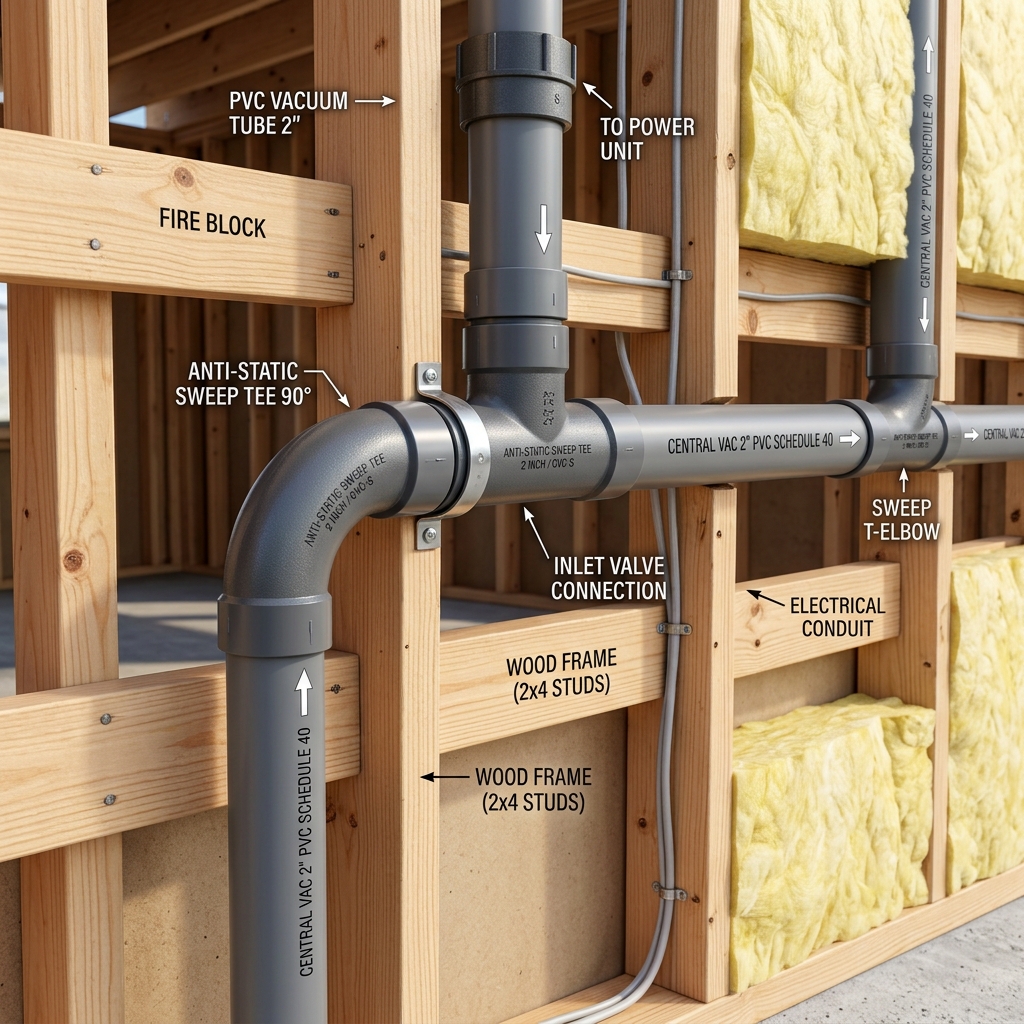 Concealed PVC piping installation for built-in vacuum