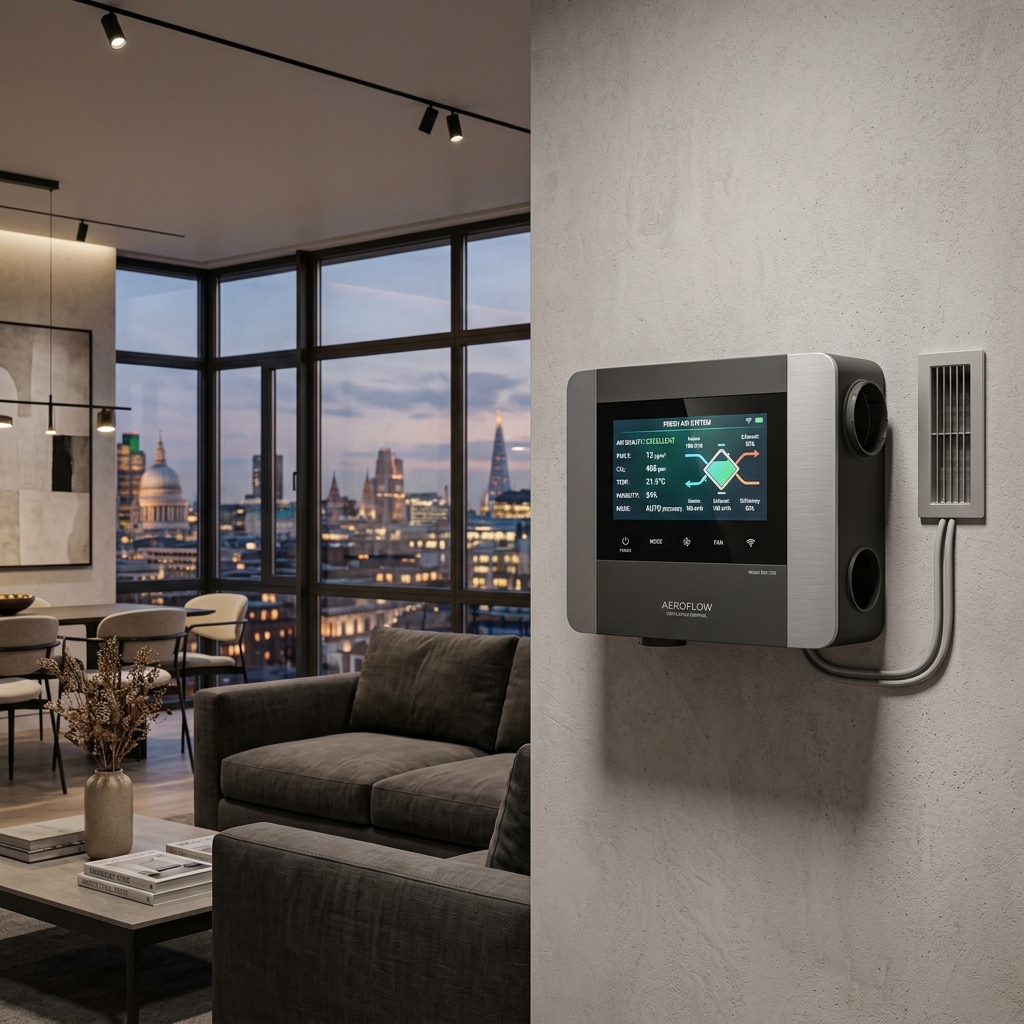 Smart wall-mounted energy recovery ventilator ERV controller in a luxury apartment