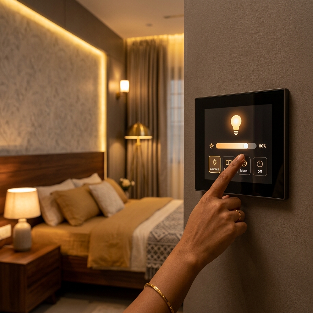 Close-up of a smart touch panel controlling home lights