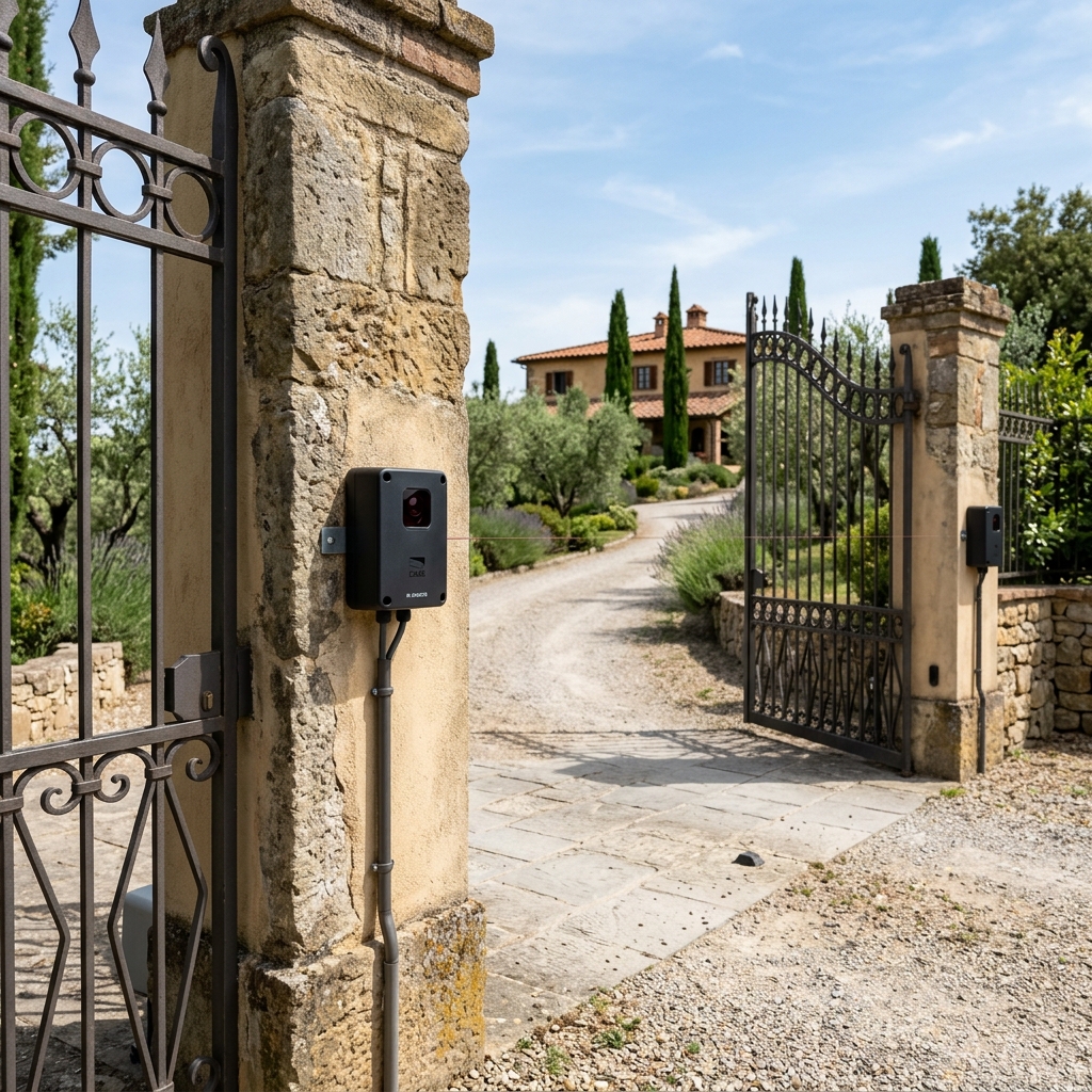 Infrared safety photocell sensors mounted on gate posts