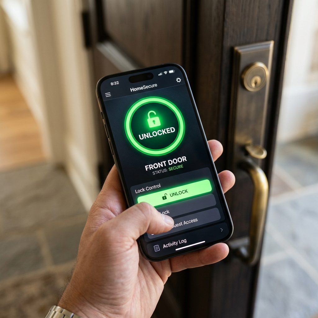 Smartphone screen displaying app to unlock smart door lock